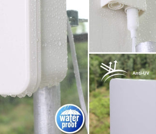 A close up of a waterproof Unlimited Antenna set up with rainwater on it. 